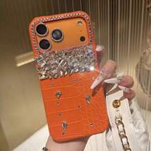 Crocodile Pattern Sequins,Rhinestone Luxury Orange Crocodile Embossed Rhinestone Phone Case Compatible With Iphone 17 Pro Max, 17 Pro, 17, 16 Pro Max, Elegant Phone Case 17 - Orange - View 5