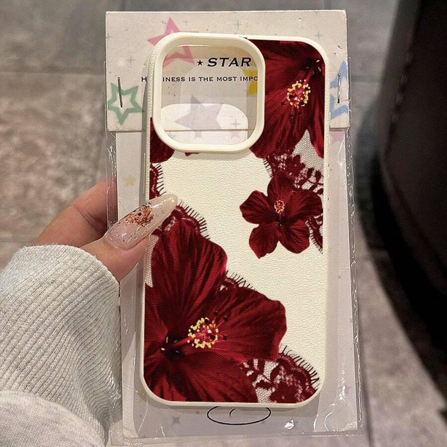 1 pieza Funda de teléfono con patrón de encaje de hibisco rojo vintage de material TPU compatible con iPhone 17 Pro Max/17/16 Pro Max/15/13/12/11, S20 FE/A15/S24/A55, Note 11/Note 12/Note 13 Pro, cobertura completa, protección suave anti-caídas, versión internacional, no la versión nacional - Blanco - Ver 1