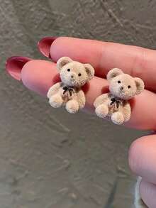 2pcs/Set New Bear Earrings Needle Korean Flocked Cute Bear Stud Earrings - Multicolor - View 4
