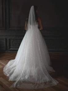 Bling Bling Bridal Veil, Single Layer Bridal Veil With Hair Comb, Available In Multiple Sizes, Dreamy Printed Starry Sky Veil - Straight White - View 1