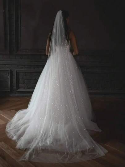 Bling Bling Bridal Veil, Single Layer Bridal Veil With Hair Comb, Available In Multiple Sizes, Dreamy Printed Starry Sky Veil