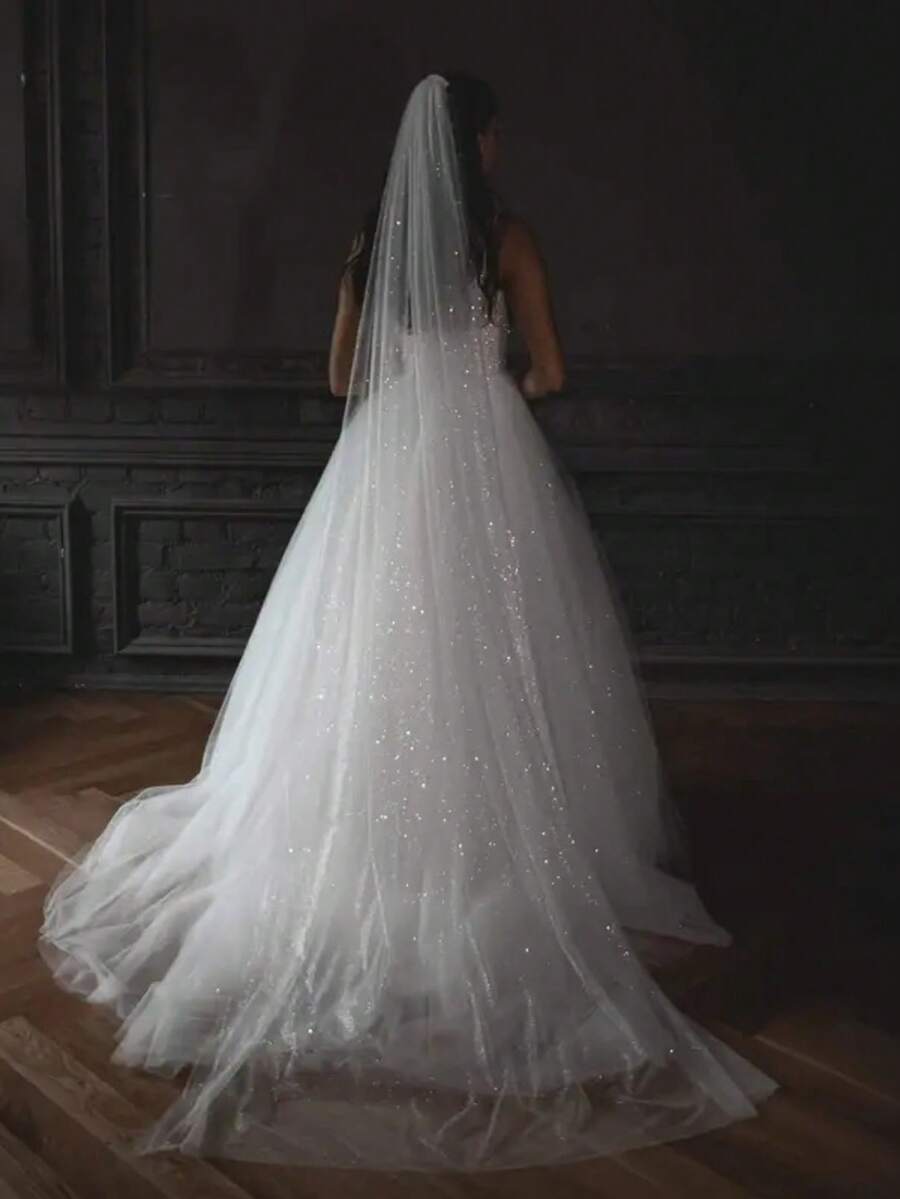 Bling Bling Bridal Veil, Single Layer Bridal Veil With Hair Comb, Available In Multiple Sizes, Dreamy Printed Starry Sky Veil - Straight White - View 1