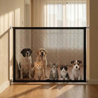 Valla de malla transpirable y puerta de escalera plegable para mascotas, puerta de para niños, recinto de actividad para mascotas, valla de aislamiento para mascotas sin taladro, puerta de escalera plegable, marco de puerta portátil con red de malla y ganchos adhesivos