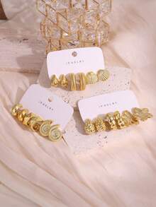 3-9对/套 金色贝壳、海星、五瓣花、水滴多元素耳环，奢华优雅百搭新款设计 - 金色 - 查看 3