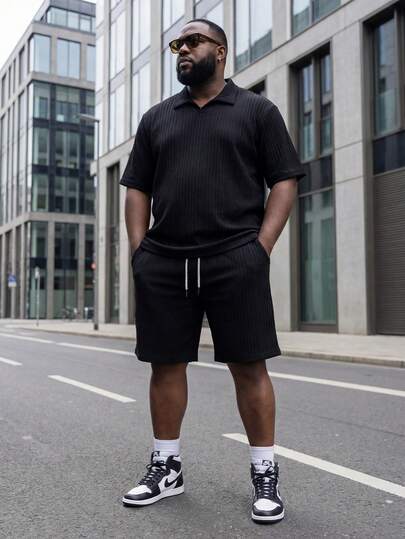 大码品牌 Polo 衫短裤套装，竖条纹纹理领短裤，美式休闲大码男士两件套，适合夏季旅行和海滩穿着