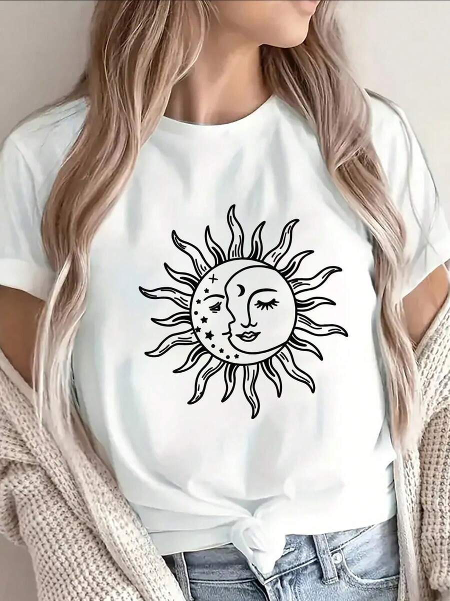 Polyester Short Sleeve T-Shirt With Sun Face Design, Lightweight And Durable For Casual Wear, Perfect For Outdoor Activities And Daily Use, Comfortable Fit For Women Women Plus Size Casual Printed Short Sleeve Tee Shirts Loose Fit Stylish Graphic Design Comfortable Summer Tunic Tops - 白色 - 查看 1