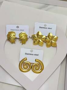 1 Set Women's Stainless Steel Gold-Plated Earrings, Tropical & Artistic Design, Layered Leaf Texture, Five-Petal Flower Shape, Minimalist Geometric Spiral, Suitable For Daily Commute Or Vacation Outfit - 3-pair Set - View 7