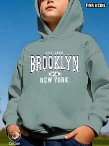 Felpa con grafica BROOKLYN NEW YORK, rivestita in pile, vestibilità morbida, manica lunga in cotone per ragazzo pre-adolescente, stile casual/universitario, adatta per raduni familiari, vacanze di primavera, celebrazioni, design giocoso, primavera, estate, San Valentino, carnevale, feste, spiaggia, matrimoni, palestra - Matcha verde - Visualizzare 1