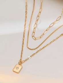 3pcs/Set Kalung Liontin Berlapis Rantai Bilah Pipih Kawat Emas Stainless Steel, Dengan Liontin Klip Kertas Persegi Emas, Cocok Untuk Wanita Kenakan Saat Liburan dan Pesta - Yellow Gold - View 6
