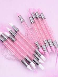 5pcs/Set Pink Double-Ended Rhinestone Nail Art Silicone Carving Pen, 3D Flower Carving DIY Nail Brush Dotting Pen - Pink - View 3