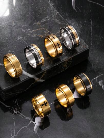 7 قطع مجموعة خواتم رجالية من الفولاذ المقاوم للصدأ متعددة الألوان، تتضمن صليب وأحرف رومانية وعناصر دوارة بشكل زهرة الداليا، مناسبة للارتداء اليومي للرجال، المناسبات والمواعيد