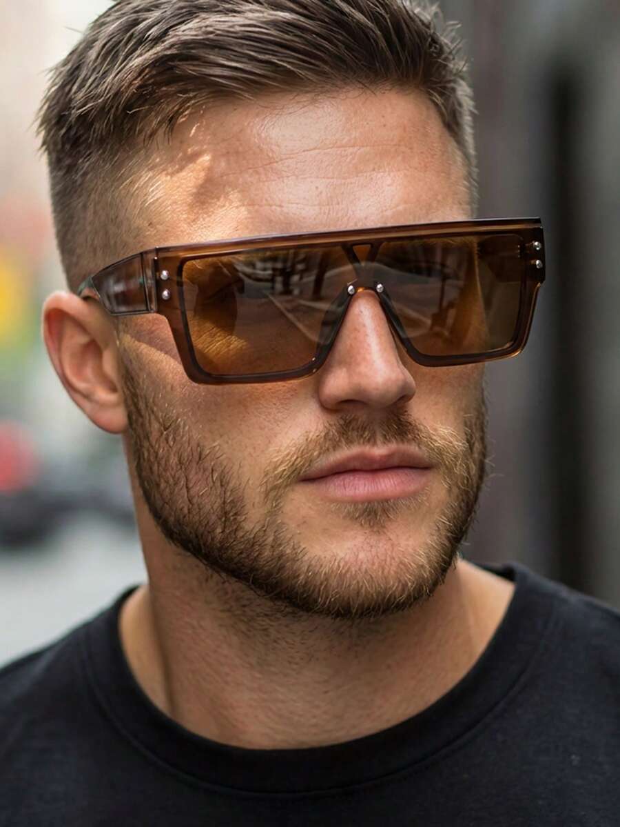 1 par de gafas de moda cuadradas sin montura de PC color marrón con estilo futurista, de estilo europeo y americano para hombres - Marrón - Ver 1