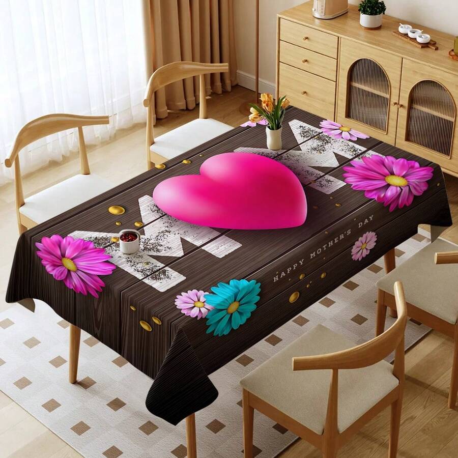 1pc Mother's Day Themed Printed Tablecloth - 100% Polyester, Rectangular, Woven, Suitable For Home Kitchen Dining Room, Parties, Picnics, Dates, Weddings, Theme Parties, Indoor/Outdoor Use, Mother's Day Gift - Multicolor - View 1