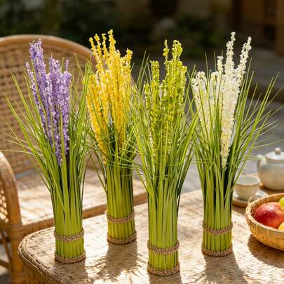Artificial Grass Plants Outdoor With Wildflowers Multicolor Faux Shrubs Onion Wheat Stems Fake Bushes Plants Tall Grass UV Resistant Greenery For Outside Garden Potted Indoor Home Decor Office