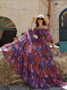 Elegant Romantic Off-Shoulder Long Sleeve Layered Hem Dress, Vacation Style Spring - Purple - View 8