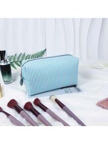 泡泡纱化妆包，印花带提手，大容量洗漱包，条纹刺绣，旅行收纳包 - 彩色 - 查看 9