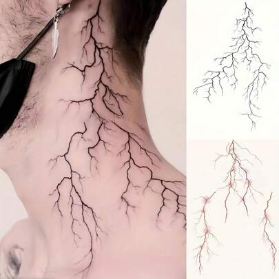 Large Gothic Style Deep Red And Temporary Tattoo Sticker - Waterproof Emotional Complex Line Art With Lightning And Branching Vein Design, Deep Red And Black Body Paint, Suitable For Men, Easy To Apply And Remove, Perfect For Halloween, Gothic Events, Theme Parties And Casual Outfits - Abstract Lightning And Gothic Style Temporary Tattoo With Complex Line Design