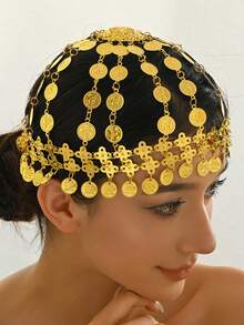 1pc Bride Alloy Coin & Goddess Portrait Hair Accessory, Exaggerated Tassel Headpiece Headband,Elegant,Party - Gold - View 3