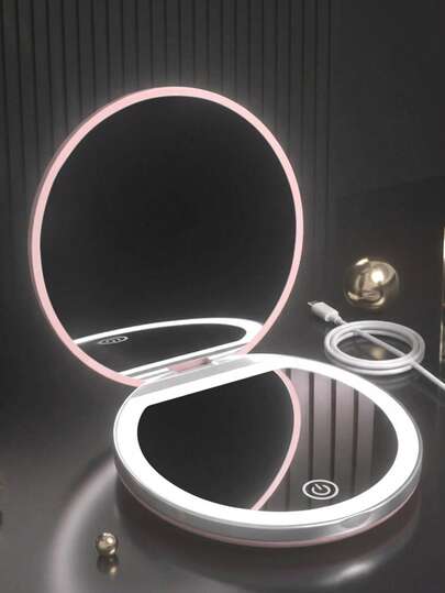 LED化妆镜，带灯化妆镜，便携式迷你化妆镜，USB充电LED照明旅行化妆镜，带灯化妆镜，可调光放大折叠化妆镜，触摸屏亮度调节，多功能梳妆镜，适用于宿舍、旅行、化妆、办公室、卧室，情人节/母亲节送给女性的最佳礼物（电池容量：300mAh）