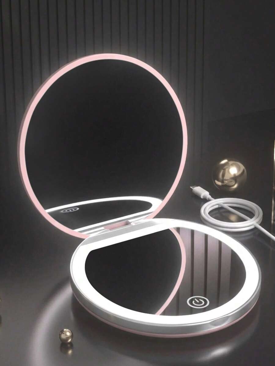 LED Makeup Mirror, Lighted Makeup Mirror, Portable Mini Makeup Mirror, USB Rechargeable LED Lighting Travel Makeup Mirror, Lighted Makeup Mirror, Dimmable Magnifying Folding Makeup Mirror, Touch Screen Brightness Adjustment, Multi-Function Vanity Mirror, Suitable For Dorm, Travel, Makeup, Office, Bedroom, Best Gift For Women On Valentine's Day/Mother's Day (Battery Capacity: 300mAh)