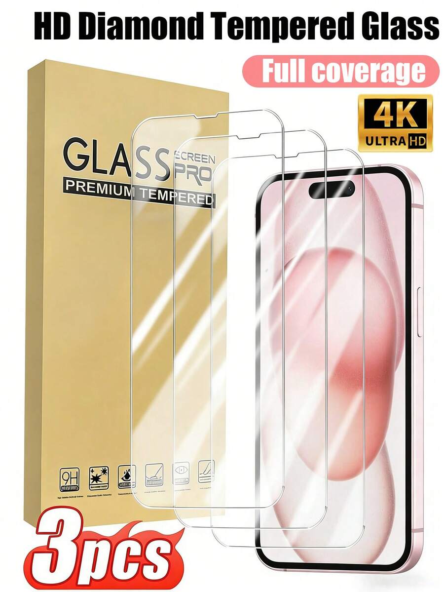 3pcs Ultra-Clear Tempered Glass Screen Protector, Made Of 9H Tempered Glass Material, Scratch-Resistant, Anti-Fingerprint, Compatible With IPhone 17 Pro Max/17 Pro/17 Air/17/16 Pro Max/16 Pro/16 Plus/16/15 Pro Max/15 Pro/15 Plus/15/14/13/12/11/Xr/ And Other Models.