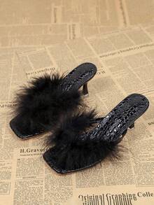 Fashionable Square Toe Fluffy Thong Crocodile Pattern Women High Heel Sandals, Comfortable Versatile Stiletto Summer Slip-On Ladies Sandals, Black Flip Flops - Black - View 2