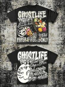 Men's Y2K Tee -American Street & "GHOSTLIFE" Hip-Hop Figureg Raphic T Shirt, Loose Retro Fit,Suitable For Young Men And Women To Wear For Casual,2026 Mens Clothes,Men Shirts,Camisas Para Hombre,Graphic Tees Men,Mens Clothes - màu đen - Xem 7