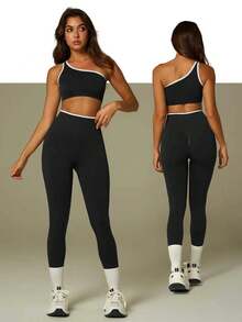 UONNOU 两件套女士无缝单肩露脐运动上衣+高腰塑形紧身裤套装，时尚健身瑜伽休闲服 - 黑色 - 查看 1