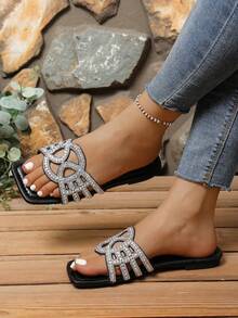 2026 New Women's Flat Sandals, Fashion Outdoor Slippers With Rhinestones, French Style High-End Comfortable Open Toe Chunky Heel Sandals For Summer - Black - View 5