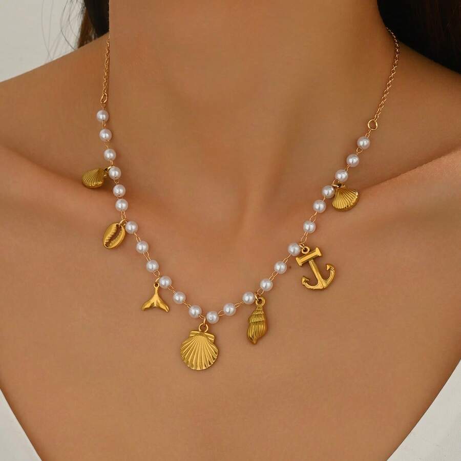 1pc Starfish & Shell Faux Pearl Necklace, Bohemian Style Beaded Necklace, Beach Hawaii Holiday Accessory - Gold - View 1