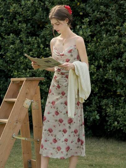 Women's Floral Print Draped Neckline Sheer Mesh Slip Dress