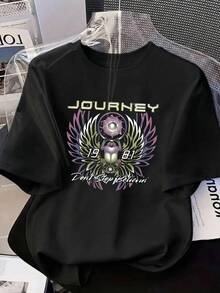 加大码女式V领短袖T恤 - Journey乐队“Don't Stop Believin'”甲壳虫图案休闲宽松T恤 黑色 夏季 - 黑色 - 查看 4