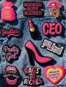 6/12pcs Personalized Girl Letter & Red Lip High Heel Embroidery Heat Transfer Patches DIY Clothing Iron-On Patches Suitable For Backpacks, Jackets, T-Shirts, Hats, Dresses - Multicolor - View 2