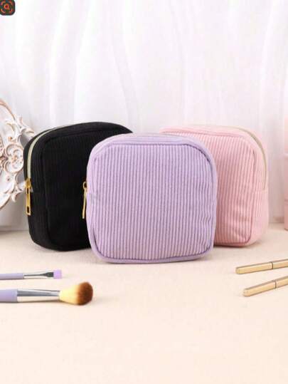 1/2pcs Square Corduroy Cosmetic Bag Storage Pouch, Suitable For Women And Men, Flat Style Toiletry Makeup Organizer Bag, Travel Cosmetic Pouch