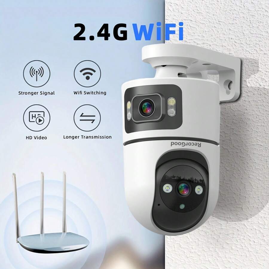 RecorGood 1pc/2pcs 2K Outdoor PTZ Wireless IP Camera, 2.4GHz WiFi Dual Lens Dual Screen Auto Tracking Baby Monitor, Security Camera With Color Night Vision, Two-Way Audio, Auto Tracking And AI Motion Detection - Perfect Gift