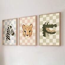 1/6pcs Vintage Checkered Animal Wall Art Decor, Nursery Canvas Print, Danish Macaron Color Tone Painting Poster, Cute Decorative Painting For Boys And Girls Bedroom, Unframed - Multicolor - View 5