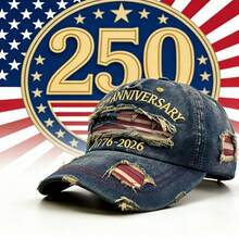 250th Anniversary USA Independence Distressed Denim Baseball Cap, Adjustable Patriotic Hat - A - View 4
