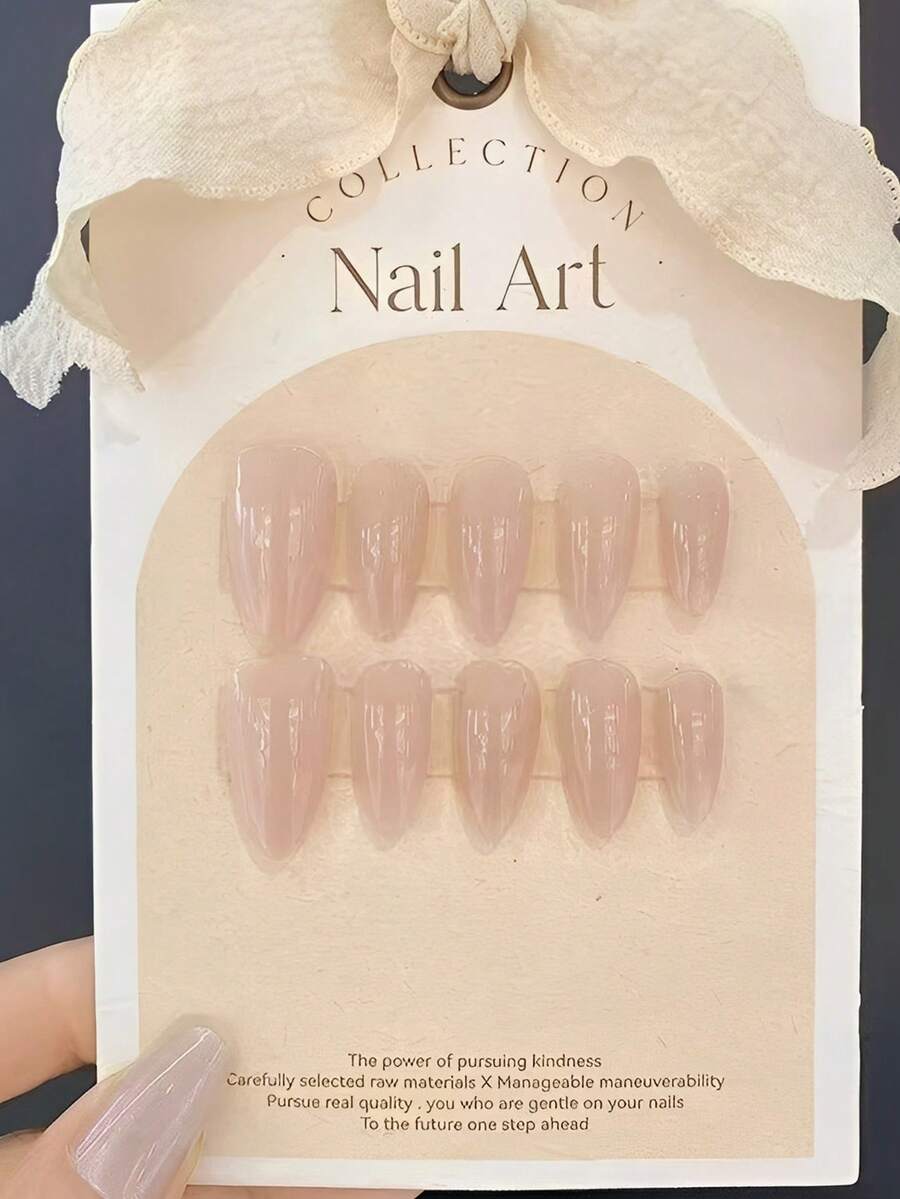 10 piezas de uñas postizas minimalistas desnudas hechas a mano, uñas acrílicas falsas ovaladas largas de color rosa transparente brillante, perfectas para uso diario y novia de boda, con pegamento de gelatina y lima de uñas, suministros de arte de uñas DIY - Champán - Ver 1