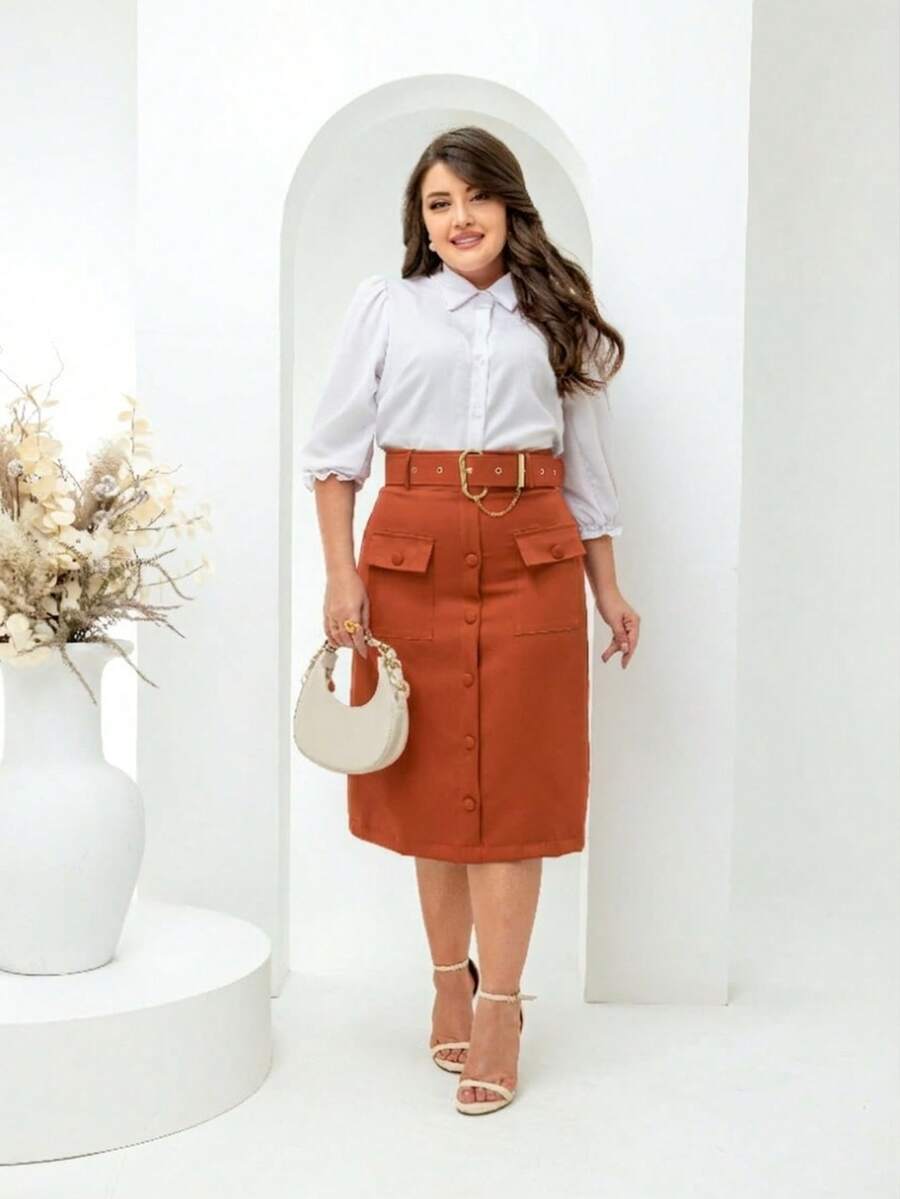 Elegant Tailored Midi Skirt For Modest Fashion, With Belt, Pockets, And Buttons. - Terracotta - View 1