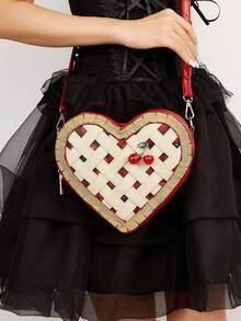 Cute Red Heart Cherry Fruit Pie Design Women Wallet And Handbag, Novel Crossbody Bag, Fashion Shoulder Bag, Party Clutch, Casual Small Tote Bag, Cute Handbag, Party Clutch, Shoulder Bag, Red Plaid Woven Design Adjustable Strap - Red - View 2