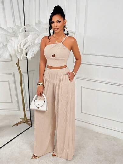 AIJ Women's Sexy Boho Casual One Shoulder Cut Out Crop Top With Pocket Wide Leg Pants Two Pieces Outfit, Medium Stretch