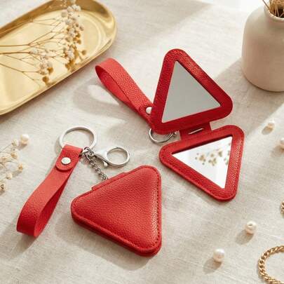 1pc Portable Makeup Mirror, PU Leather French Vintage Bee Decor Triangle Flip Cover Compact Mirror, Keychain Attached, Suitable For Bag, Office, Commute, Travel