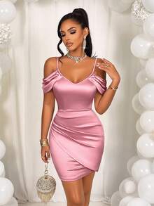 AIJ Amarilo Sexy Elegant Ruffle Off Shoulder Fitted Mini Dress With Lily Flower Trim, For Valentine's Day - Pink - View 1