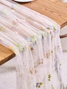 1pc 180*75cm Vintage Colorful Embroidered Floral Table Runner, Floral Pattern Sheer Mesh Tablecloth, Elastic Material, Suitable For Baby Shower Party, Gender Reveal Party, 1st Birthday Party Decoration, Baby Shower Gift, Baby Shower Decor, Gender Reveal Decor, 1st Birthday Party Decor, Dining Table Decor, Party Favor, Holiday Decoration - Multicolor - View 3