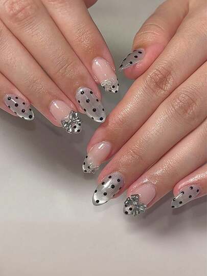 Black French Tip Press On Nails - Elegant Polka Dots With 3D Bow & Pearl Accents, Medium Almond Glossy False Nails, 24PCS Full Cover Manicure Kit