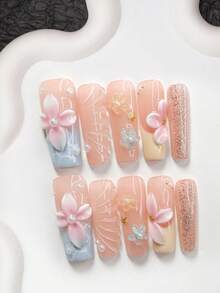 10片装温柔花卉手工美甲套装，亚克力压制美甲片，小花朵和海星美甲装饰，手工花瓣美甲装饰，蓝色闪光指甲油，梦幻春日美甲，包含美甲工具（1张果冻贴纸+1把指甲锉），3种尺寸可选：杏仁形、鸭嘴形、棺材形，适合派对、日常佩戴、拍照、春夏通勤等场合。 - 彩色 - 查看 14