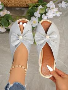 银色亮片蝴蝶结穆勒鞋 女士露趾无后跟拖鞋 夏季休闲平底凉鞋 - 銀色 - 查看 11