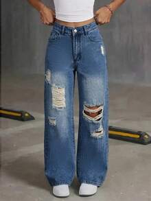 Quần jeans nữ dáng suông, ống đứng, rách nhẹ, dài đến mắt cá chân, dáng rộng, chất liệu không co giãn. - Màu xanh lam - Xem 2