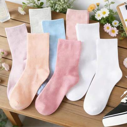 女士纯色中筒袜，柔软棉质休闲堆堆袜，春夏时尚马卡龙色长袜，百搭时尚