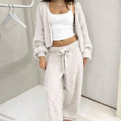 Conjunto Feminino de Tricot Mousse Premium Casaco Cardigan e Calça Pantalona Com Amarração Tricô Fio Musse Moda Blogueira
